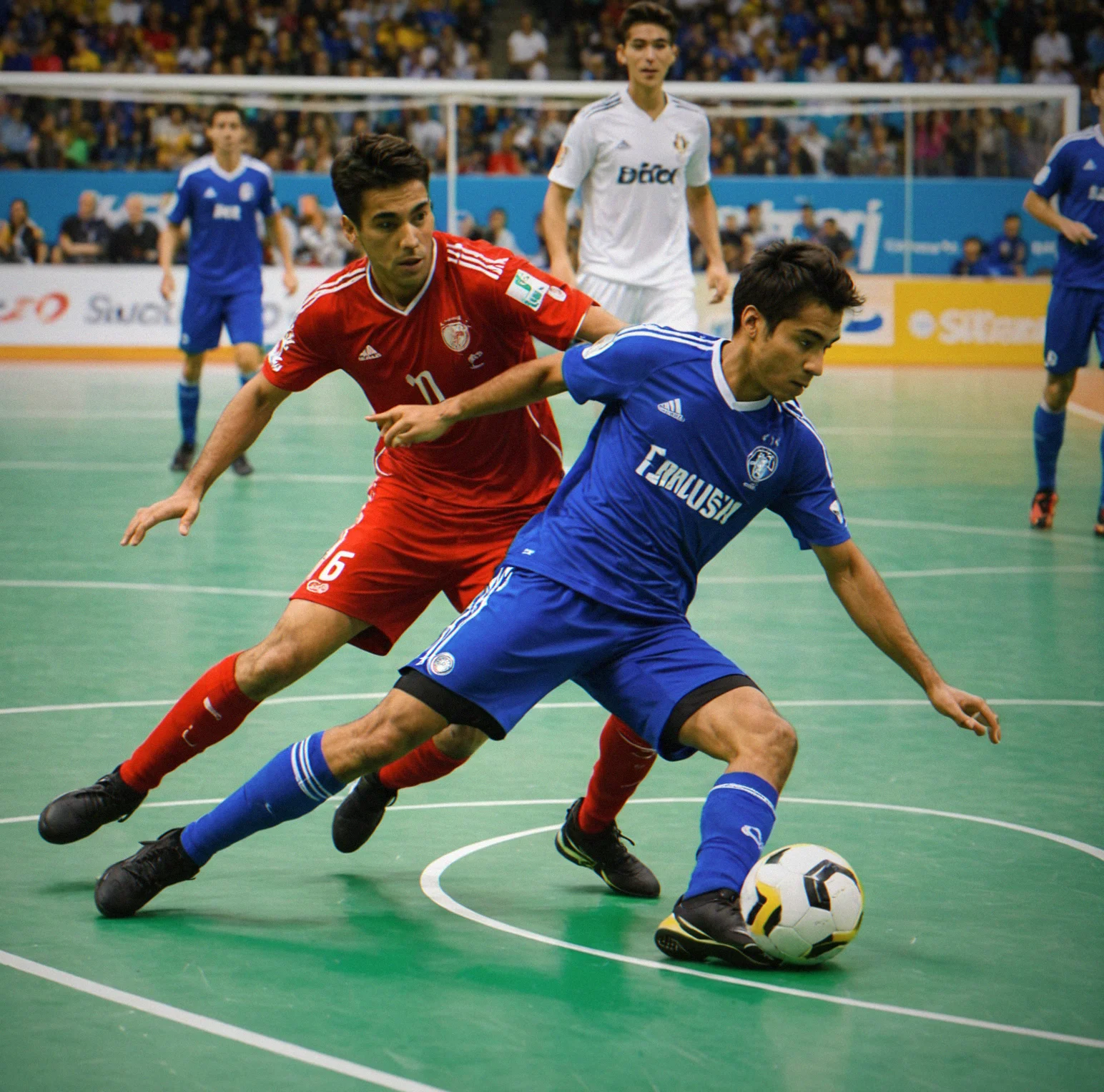 Two players battling hard for the ball on a tight futsal court, totally locked in