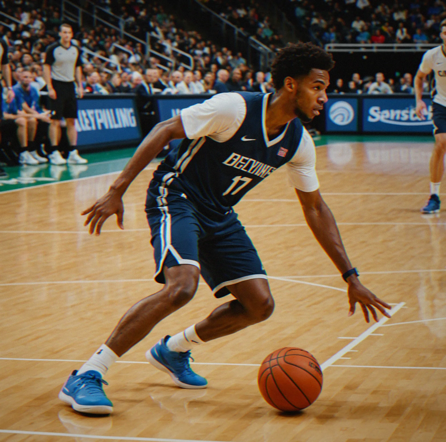 A player threading a pass through defenders in a cramped space