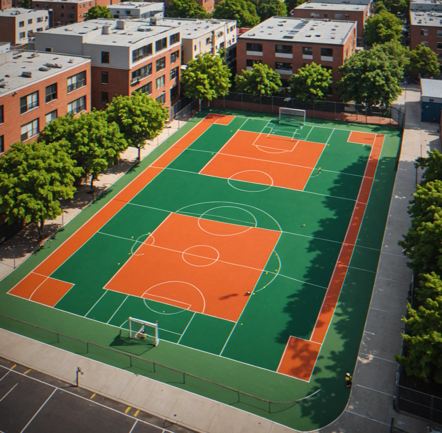 Futsal court nestled between city buildings in a neighborhood