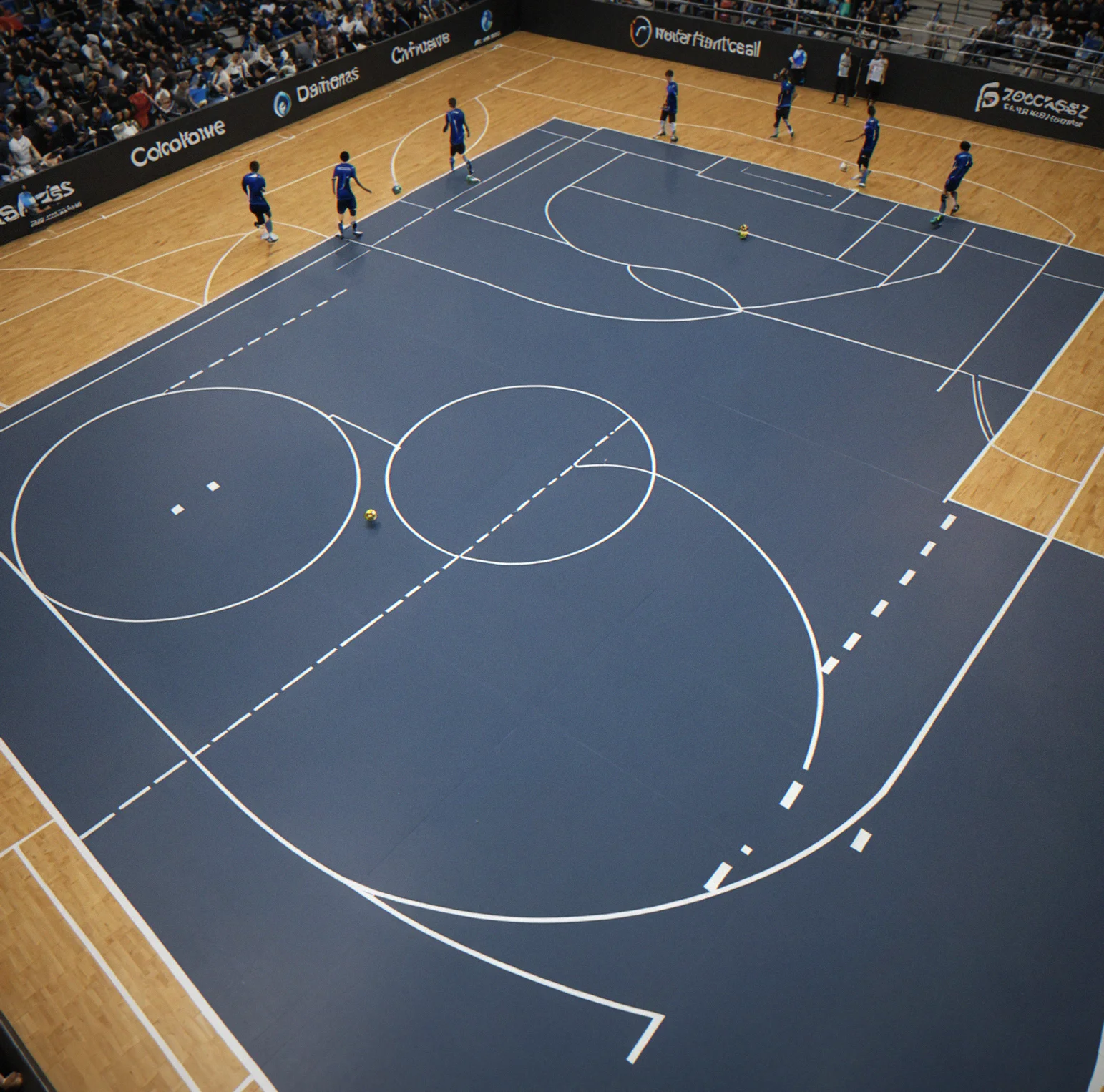 Well-lit futsal court with precise white lines and properly positioned corner zones