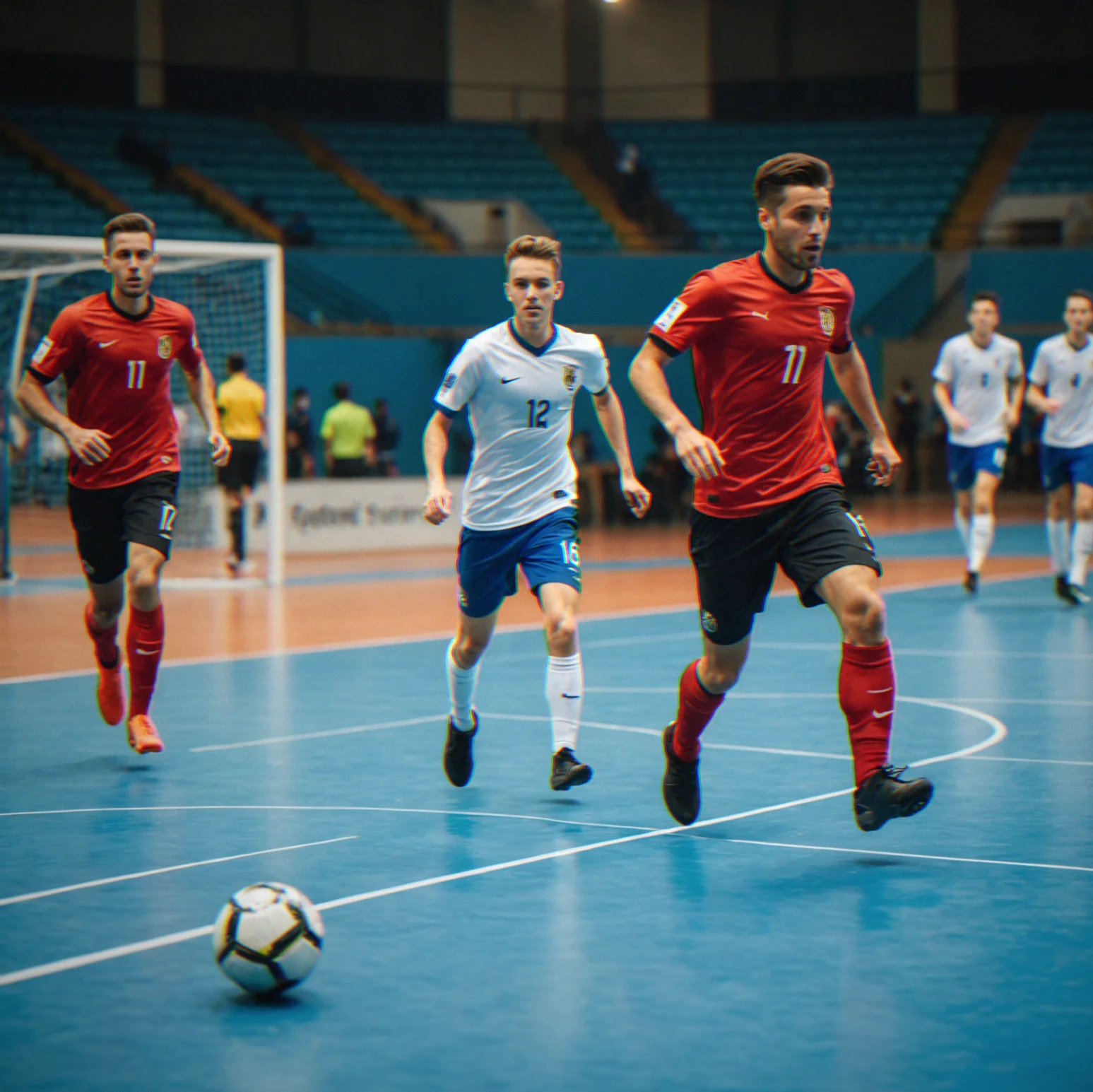 Players running across a futsal court during a corner kick