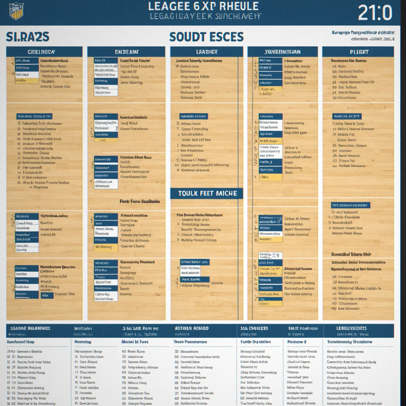 Calendar view of a six-week league schedule with highlighted playoff rounds and tournament dates
