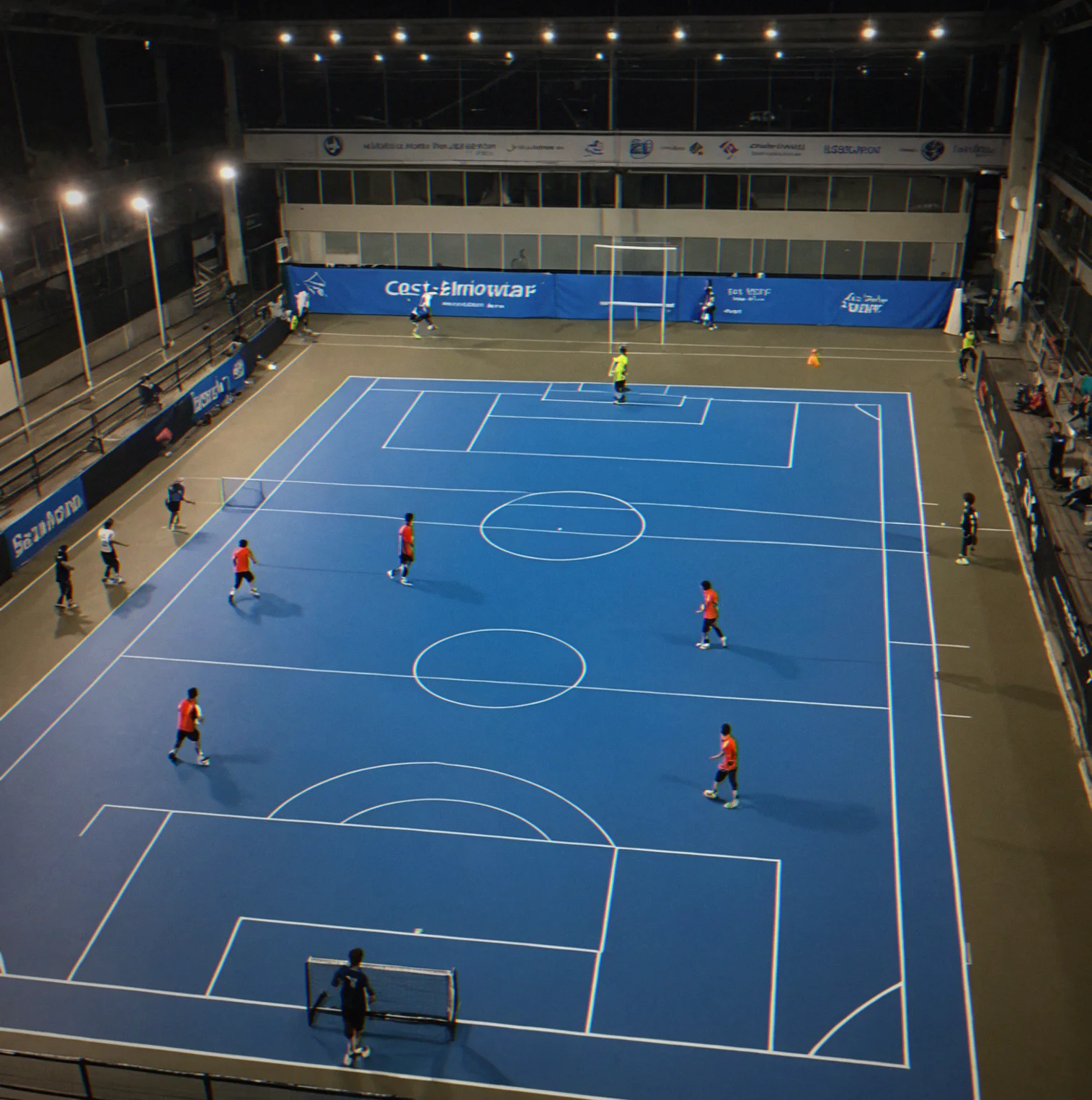 Urban futsal court at dusk with players warming up before a match